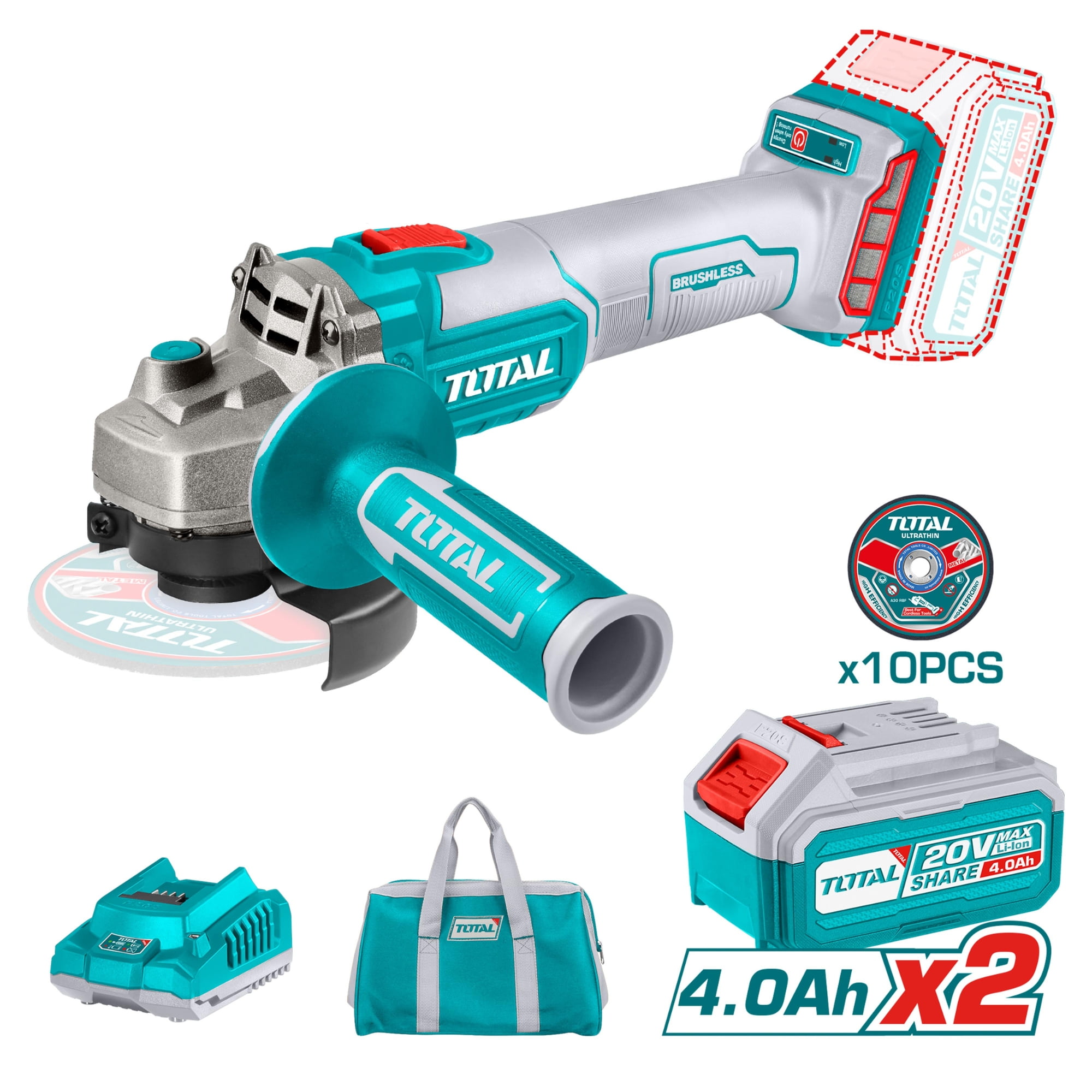 Esmeril Angular Inalámbrico 20v 115 Mm Con Batería, Cargador Y Bolso Total