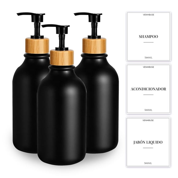 Venhoouse Pack 3 Dispensador De Jabón 500 Ml Plástico Bambú Negro