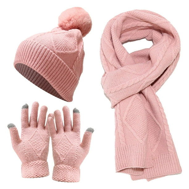 Conjunto de tres piezas de gorro, bufanda y guantes, cálido y aislante, gorro de punto grueso.