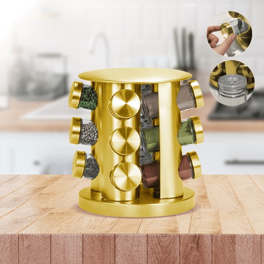 Genérico - Especiero Condimentos Giratorio 12 Piezas Doradovidrio
