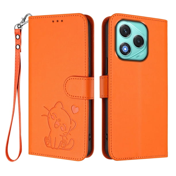 Funda Billetera con Relieve de Gato para Honor 400 Lite, Naranja