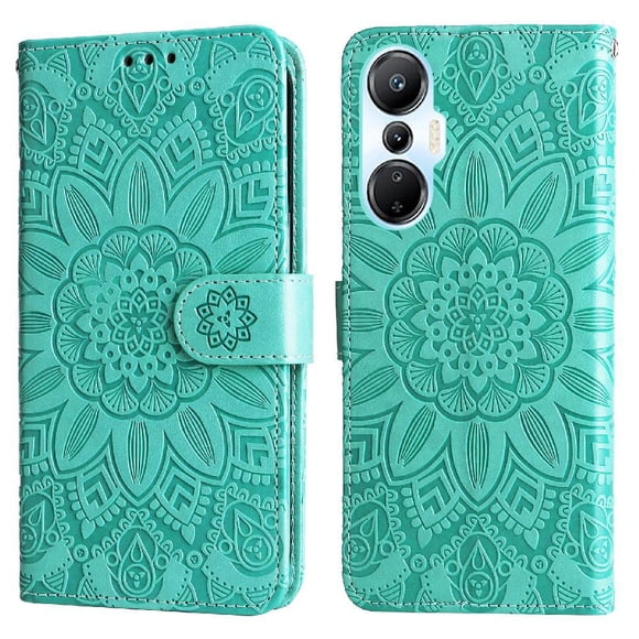 Funda tipo cartera FOXDOCK para Infinix Hot 20s , diseño girasol en relieve, cuero PU, cierre magnético, soporte y tarjetero