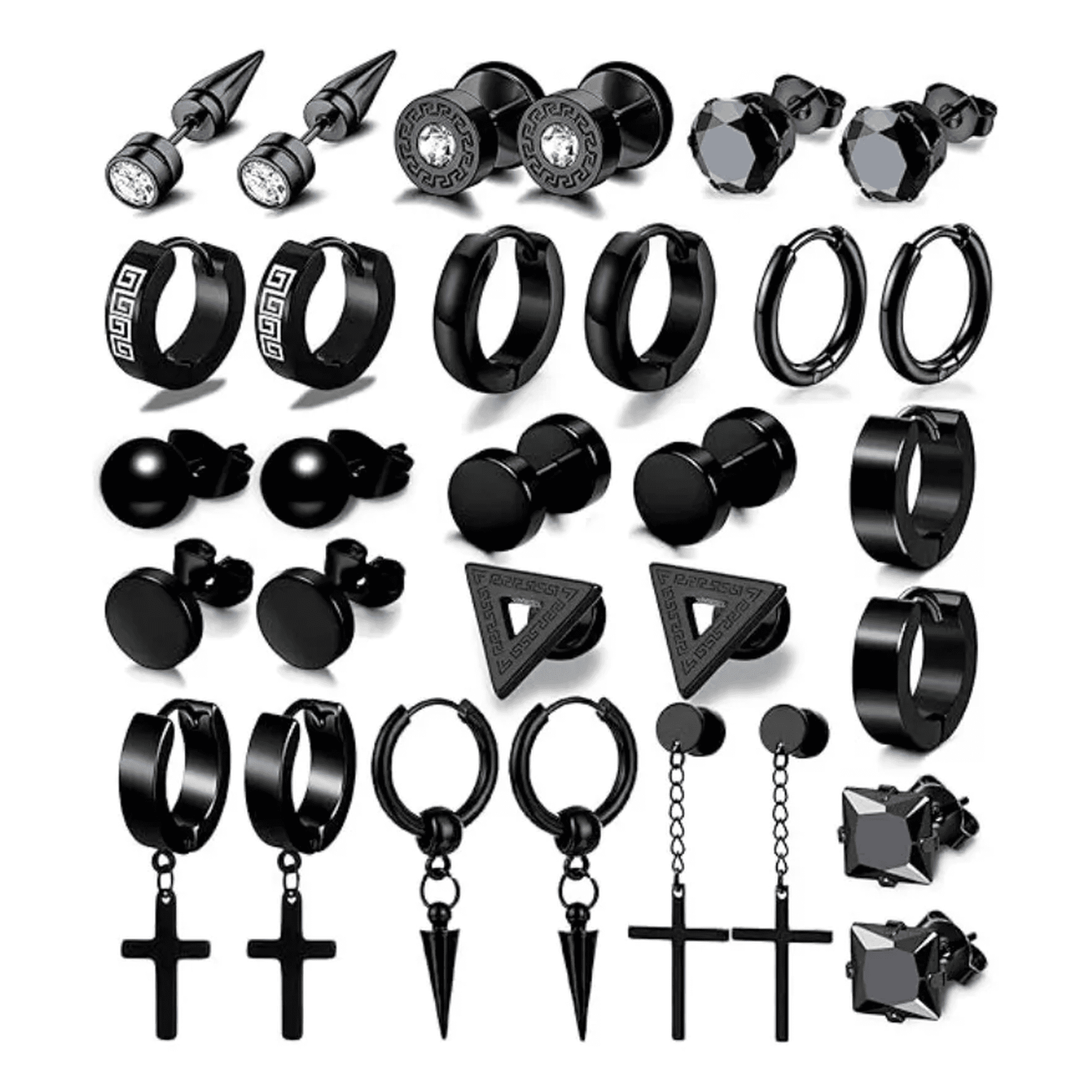 Belida - 16 Pares Aros Aretes Pendientes Hombre Negro Negro
