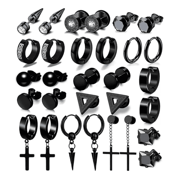 16 Pares Aros Aretes Pendientes Hombre Negro Negro