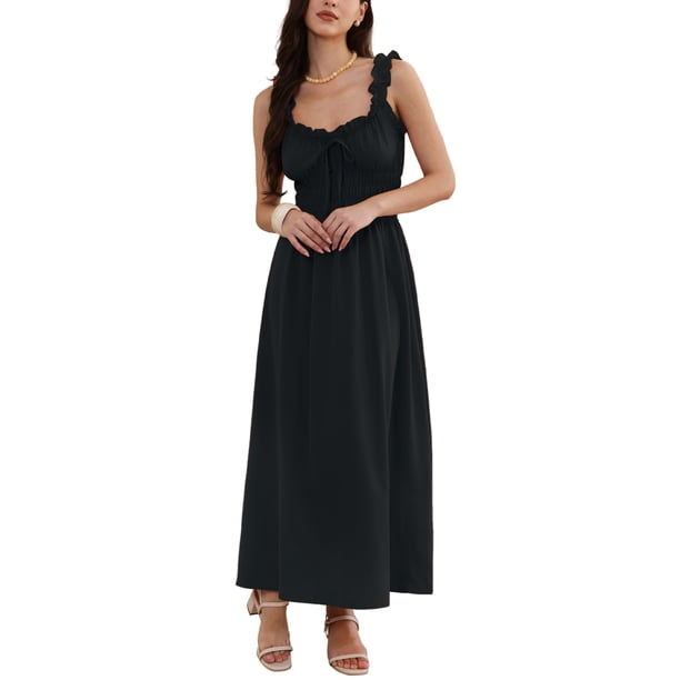 INSPIRE CHIC Vestido Maxi Boho para Mujeres con Tirantes Espagueti, Cuello Cuadrado, Línea A, Vestidos Sueltos con Nido de Abeja 2XL Negro