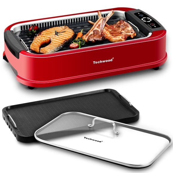 Parrilla eléctrica Techwood 1500 W sin humo, roja, control de temperatura
