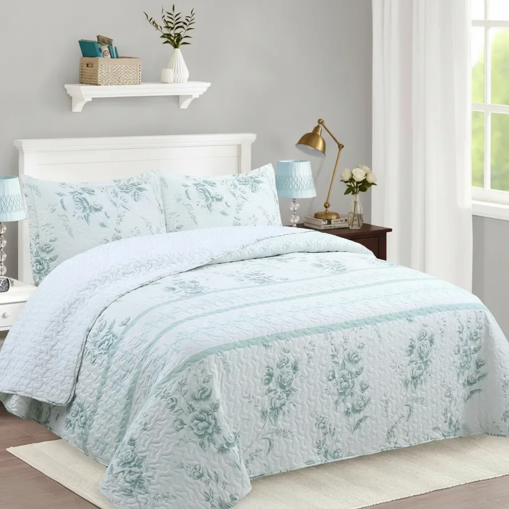 Casadeliacl - Cubrecama Quilt Sherpa 2pl - Varios Modelos W.m G Celeste Y Blanco Diseño Floral Celeste Vintage