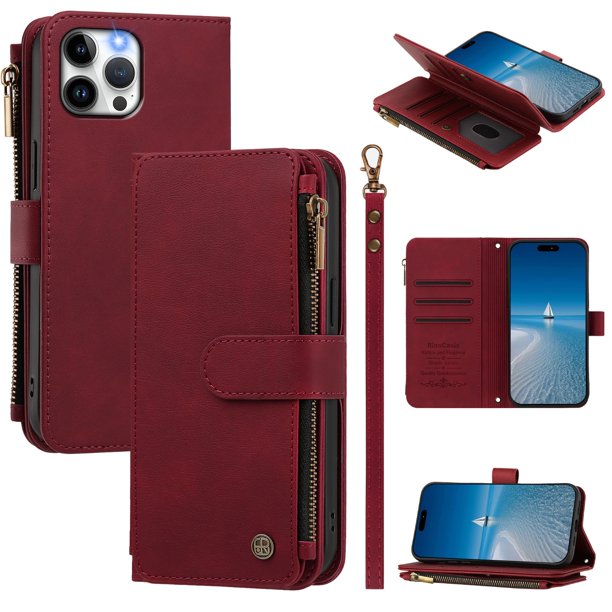 Funda Cartera para iPhone 12 Pro Max con Cremallera y Ranuras, Rojo