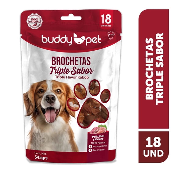 Snack Perro Adulto Brochetas Triple Sabor Pollo, Pato y Vacuno Bolsa, 18 Un