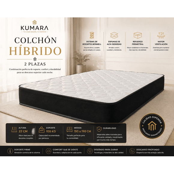Colchón Híbrido 2 Plazas - Resortes Bonnell + Espumas de Soporte Reforzado