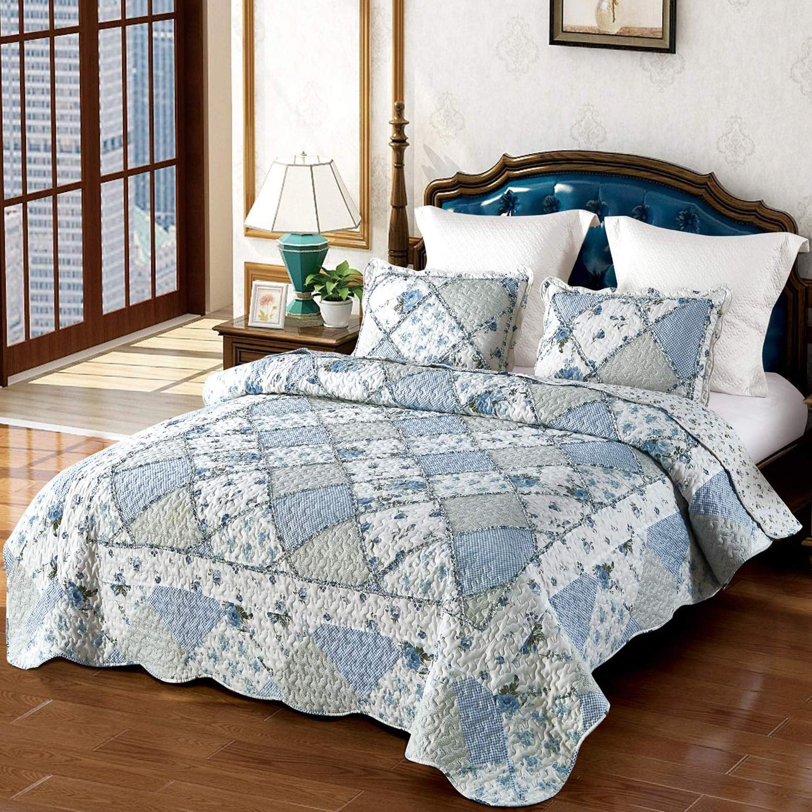 Juego De Ropa De Cama Vivilinen, Edredón Azul Con Estampado Floral, Tamaño Queen