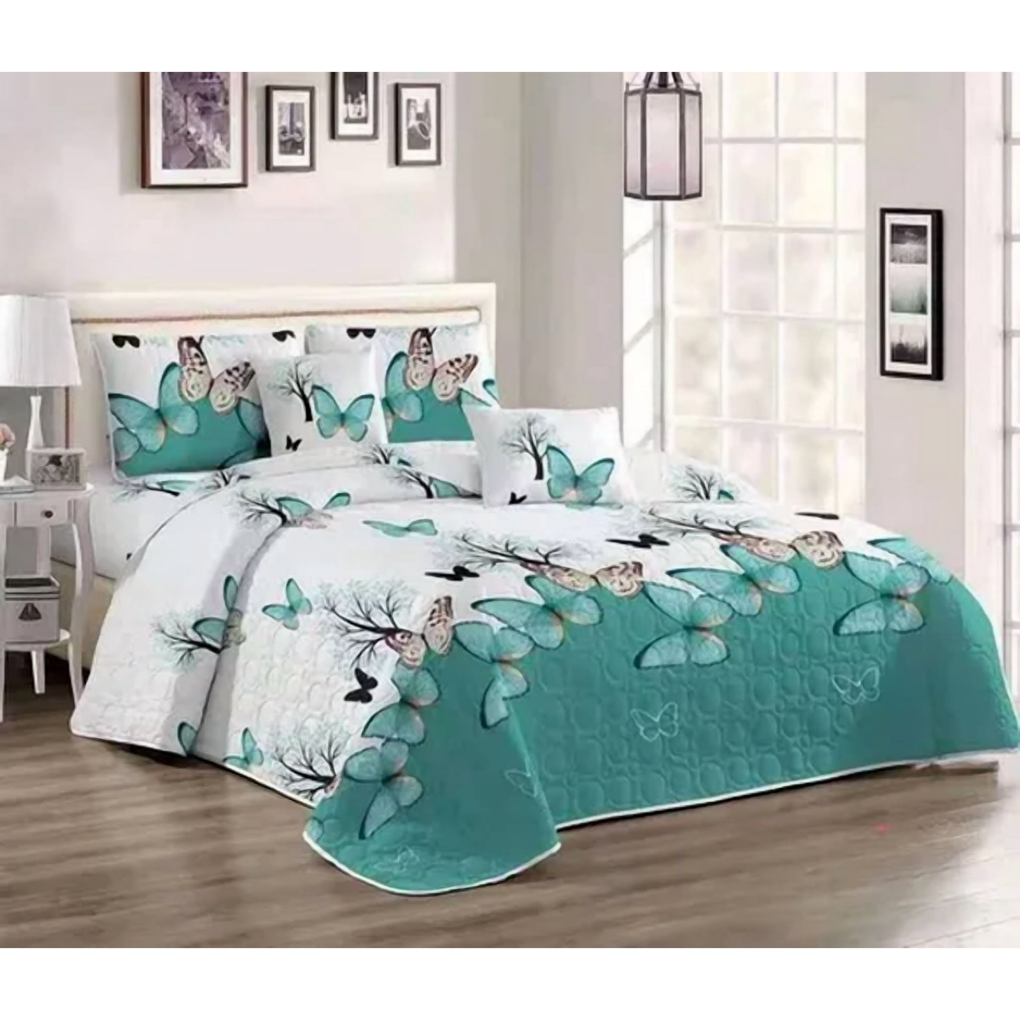 Genérico - Quilt Verano Blanco Mariposas Verdes King/super King