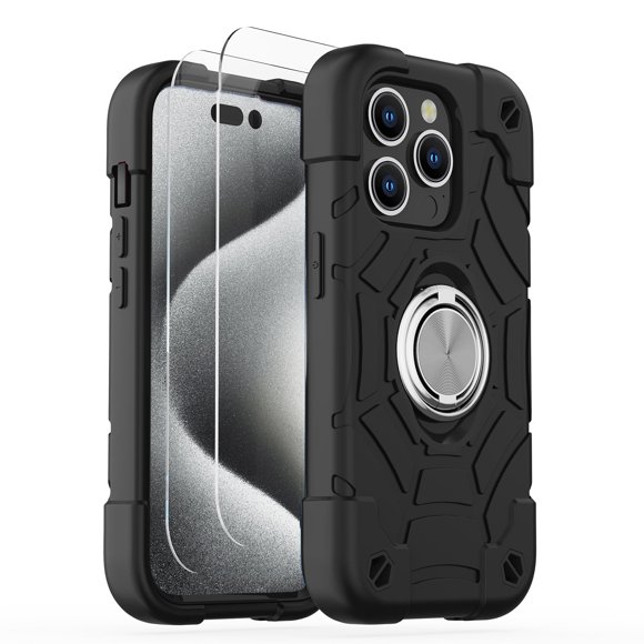 Funda KCJ para iPhone 15 Pro de 6,1" con soporte de anillo giratorio – Negra