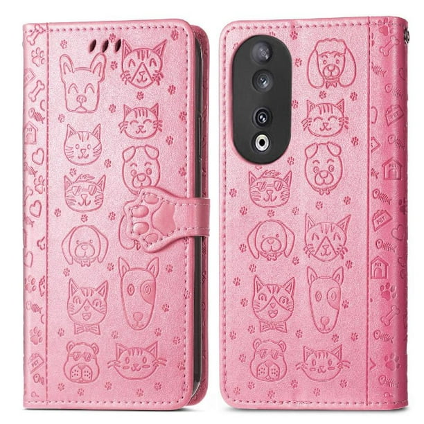 Funda Cartera FOXDOCK para Honor 90 5G , Flip PU con Relieve de Gatos y Perros, Tarjetero y Soporte