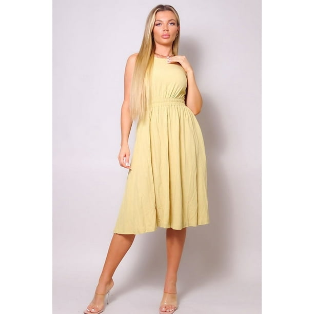 Vestido Midi De Lino Sin Mangas Con Abertura En La Espalda