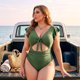 thumbnail image 3 of Agnes Orinda Traje de baño de una pieza para mujer de talla grande, estilo escolar, mangas cortas, recortes, volantes, lazo al frente, ideal para la playa, 4X, verde militar, 3 of 9