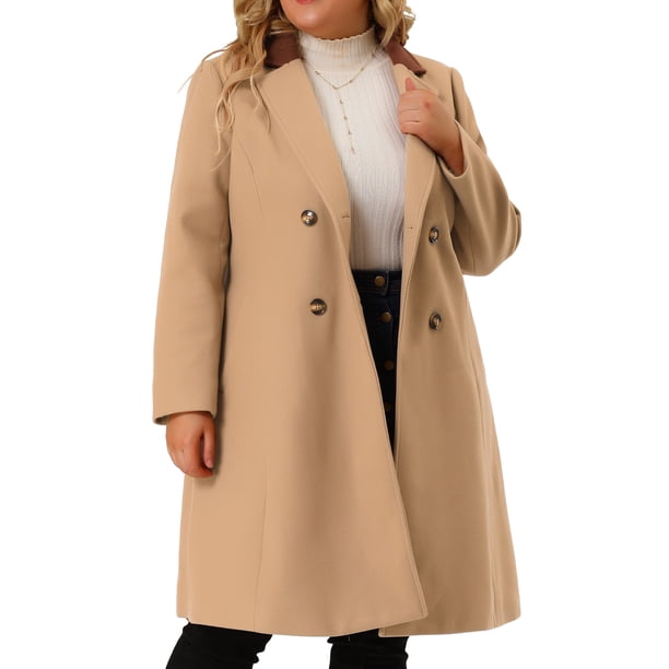 Abrigos largos de mujer talla grande de Agnes Orinda con solapa con muescas, abrigo de invierno de doble botonadura con bolsillos 4X caqui