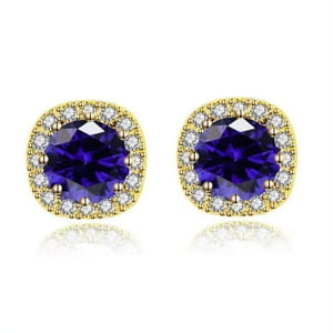 Aros Paris Jewelry 10K Yellow Gold 2 Carat Round Created Blue Sapphire Halo Plated Mujeres