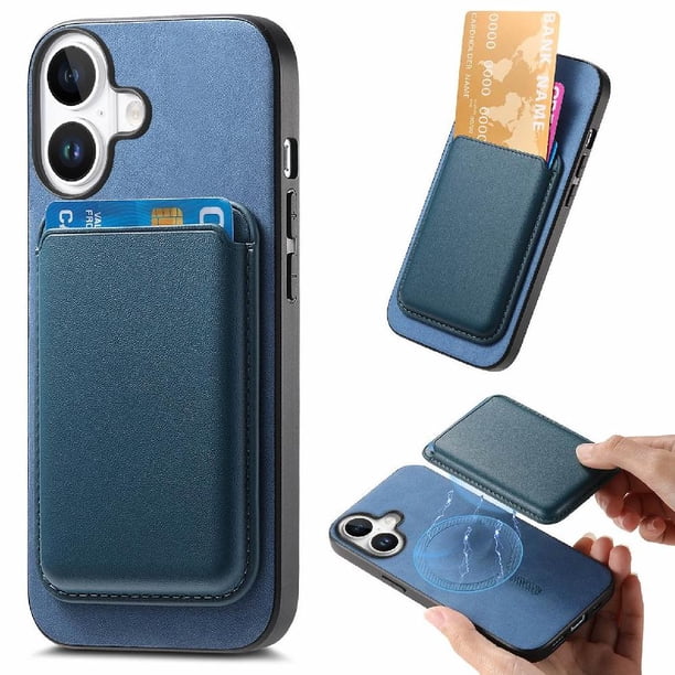 Funda de Cuero Magnética con Tarjetero para iPhone 16 Cubierta Delgada Azul