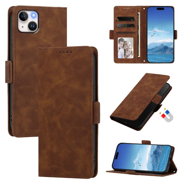 Funda Billetera Delgada para iPhone 14 Plus con Ranuras y Soporte Marrón