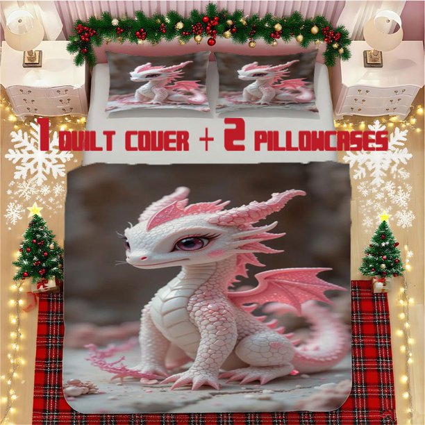 Cute Dragon Pink and White Soft Printed Bedding Set Polyester Fabric Decorative and Warm