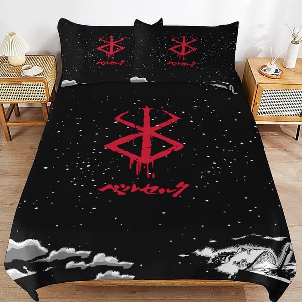 Juego de ropa de cama de microfibra con funda nórdica de anime Berserk, estampado 3D, ligero, de 3 piezas, 1 funda nórdica y 2 fundas de almohada para niños.