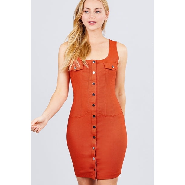 Vestido Mini Tejido Sin Mangas Con Escote Cuadrado Profundo Y Botones En El Bajo