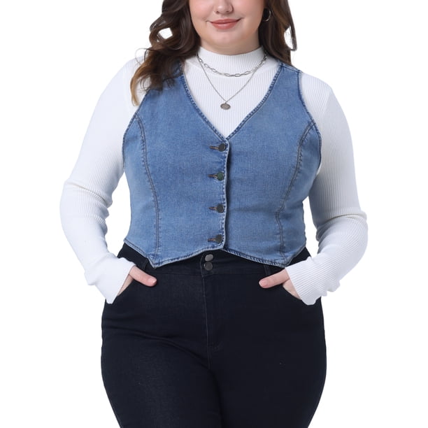 Chaleco de mezclilla sin mangas con cuello en V y botones para mujer de talla grande Agnes Orinda, para escuela o universidad, chaqueta casual de jean, 2X azul claro