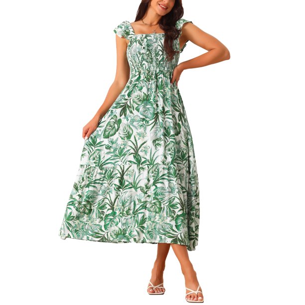 INSPIRE CHIC Vestidos de Playa Boho de Verano para Mujer con Nido de Abeja, Cuello Cuadrado, Sin Mangas, Volantes, Floral, Fluidos, Maxi Vestido de Sol S Verde