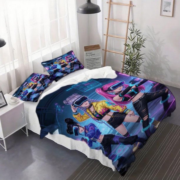 Three-Piece VR Gaming Cyber K-Pop Girl Group Art Printed Duvet Cover Set Bedding. Suitable for Christmas