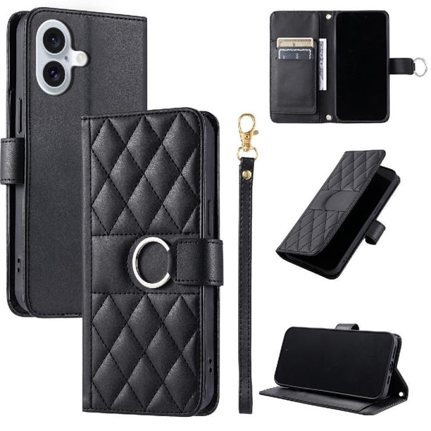 Funda Acolchada con Anilla y Correa para iPhone 16 Slots para Tarjetas Negro