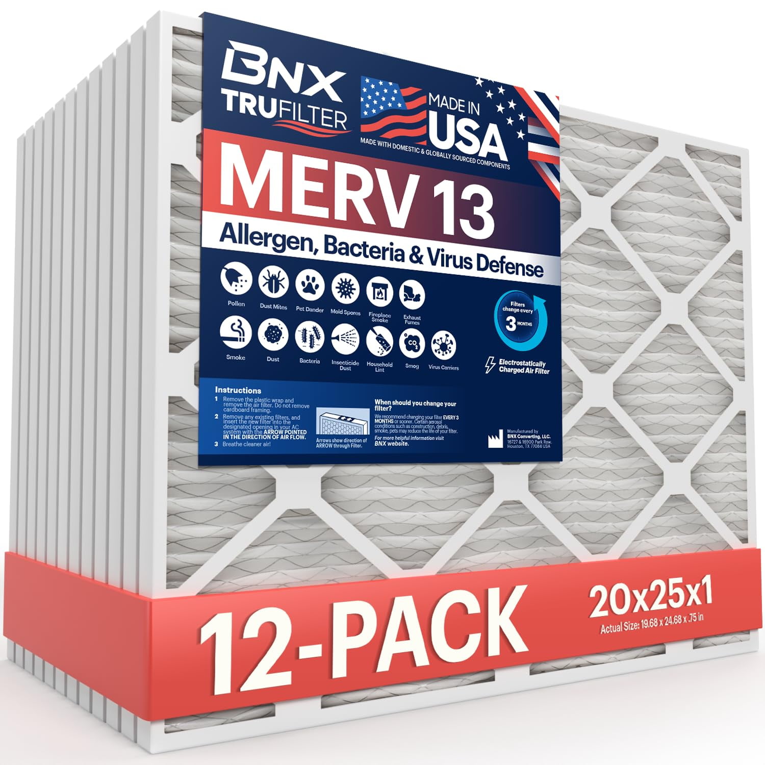 Filtro De Aire Bnx Trufilter 20x25x1 Merv 13 (paquete De 12) Para Aire Acondicionado