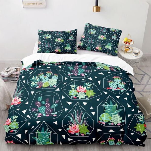 Green Plant Cactus Vase Quilt Duvet Cover Set Doona Cover Double Bed Linen3-Piece Bedding Set