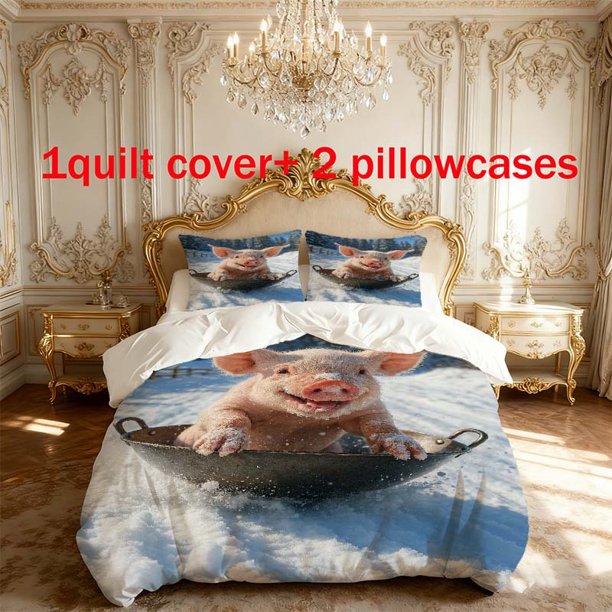 3pcs Piggy Sliding in the Snow Theme Printed Bedding Set | Duvet Cover and 2 Pillowcases All Season