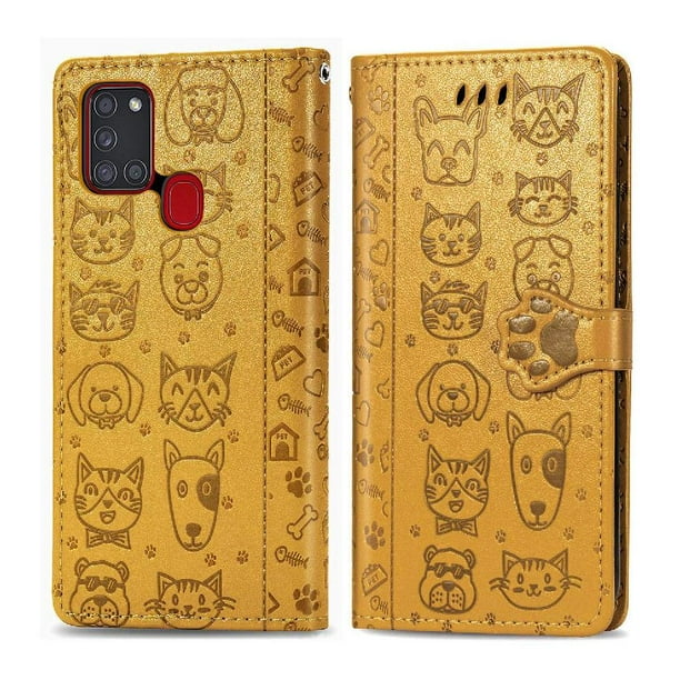 Funda Cartera FOXDOCK para Samsung Galaxy A21S , Flip PU con Relieve de Gatos y Perros, Tarjetero y Soporte