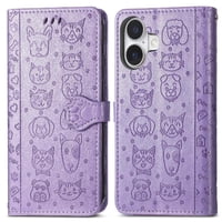 Funda Cartera Foxdock Para Iphone 16 Plus , Flip Pu Con Relieve De Gatos Y Perros, Tarjetero Y Soporte