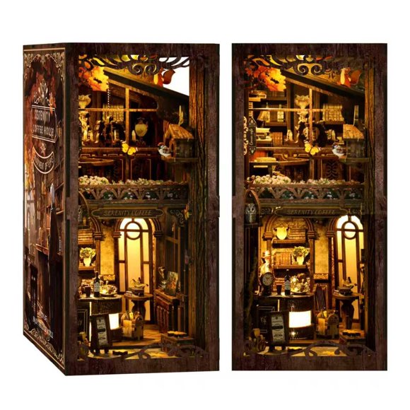 NEXTIPS Book Nook Serenity Coffee House Kit DIY en madera 3D con iluminación LED - Decoración vintage para estantería para adultos