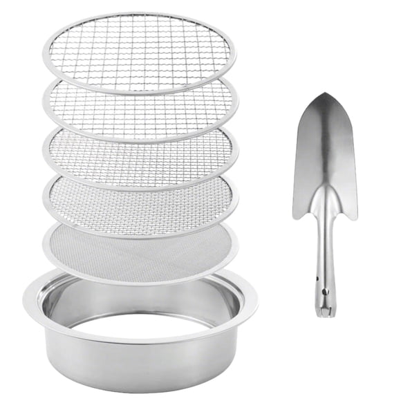 Juego de Tamices de Suelo con Mallas Intercambiables, Juego de Tamices de Malla de Filtración, Tamices de Suelo, Cepas para Tierra Vegetal, Rocas Y Ar Pala plateada de 5 mallas