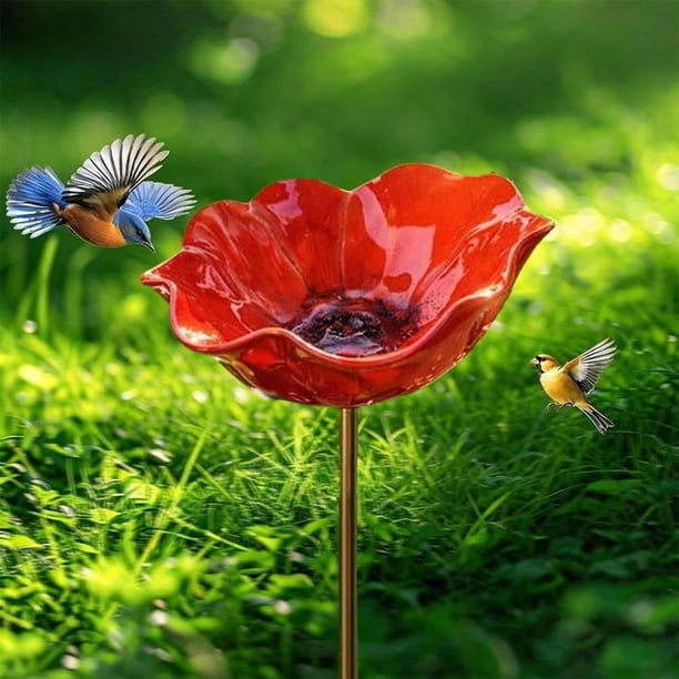 Estacas jardín flor metal baño abejas cuenco agua pájaros estación riego polinizadores 3 uds rojo