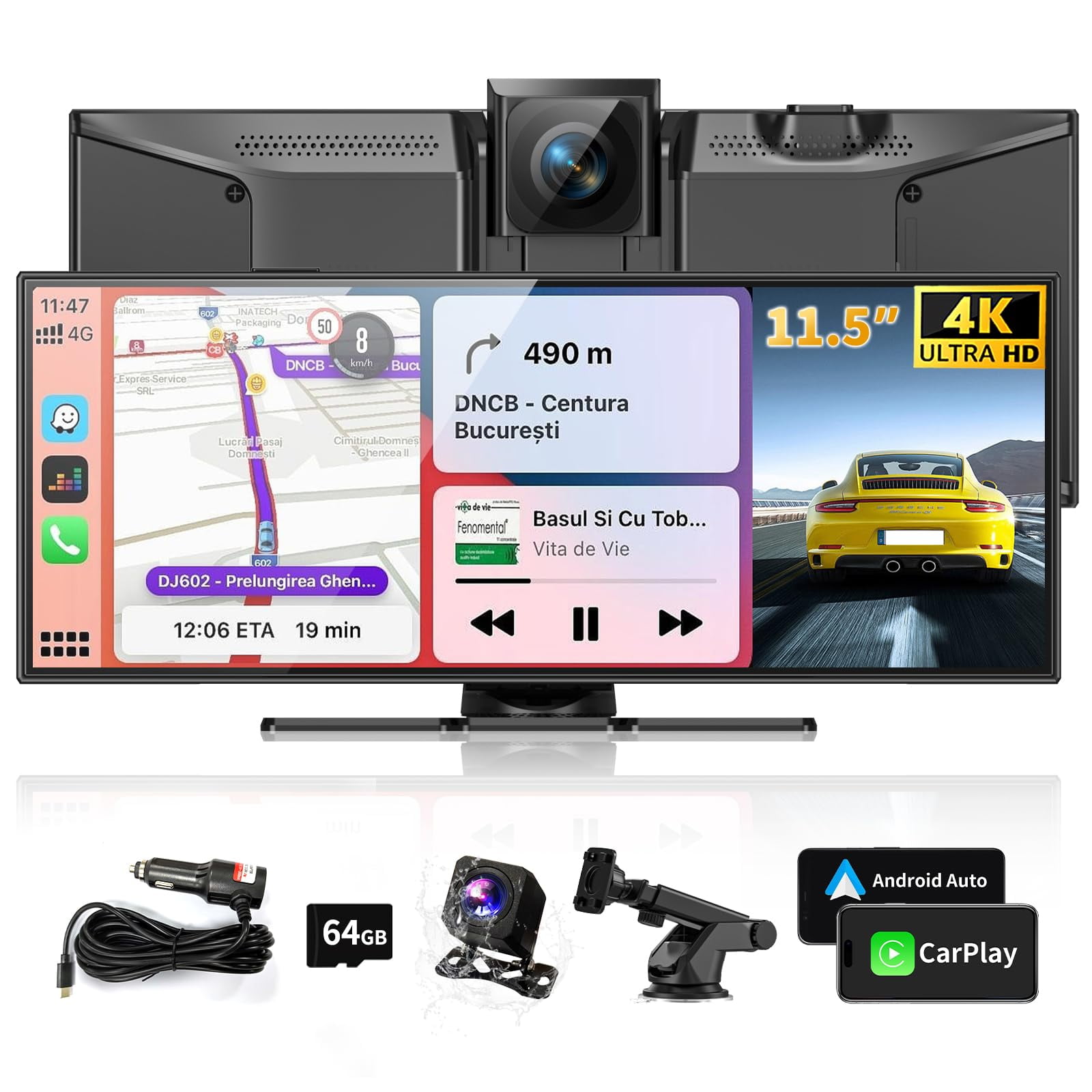 Pantalla Portátil Carplay M Carkumi De 11.5 Pulgadas 4k Con Dash Cam