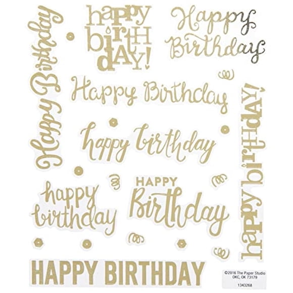Pegatinas Bundle of Fun de lámina dorada con texto “¡Feliz cumpleaños!” en estilo cursiva