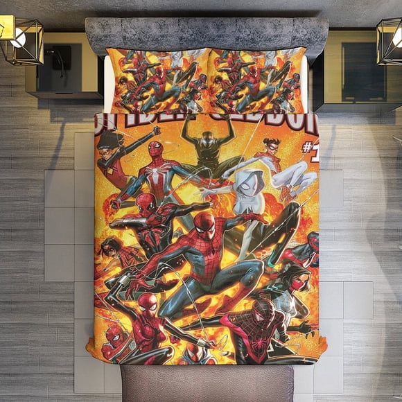 Spiderman Poster 3 Piece Sets Full/Queen Size - Reversible Microfiber Quilts with 2 Shams Soft Lightweight Bedspread Coverlet Comforter for All Season Bed Sheets