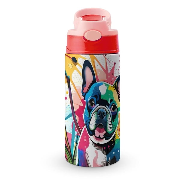 Bulldog FrancésBotella de Agua con Tapa Pop Top de Un Toque, Acero Inoxidable, a Prueba de Fugas, para Deportes, Botella Infantil rosa 12 oz