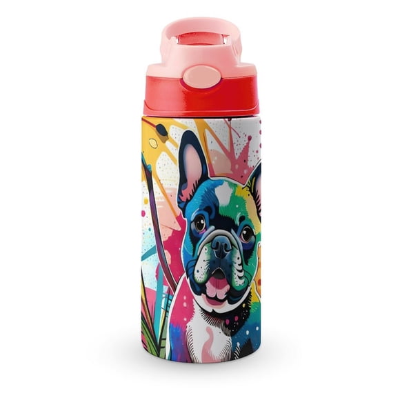 Bulldog FrancésBotella de Agua con Tapa Pop Top de Un Toque, Acero Inoxidable, a Prueba de Fugas, para Deportes, Botella Infantil rosa 12 oz