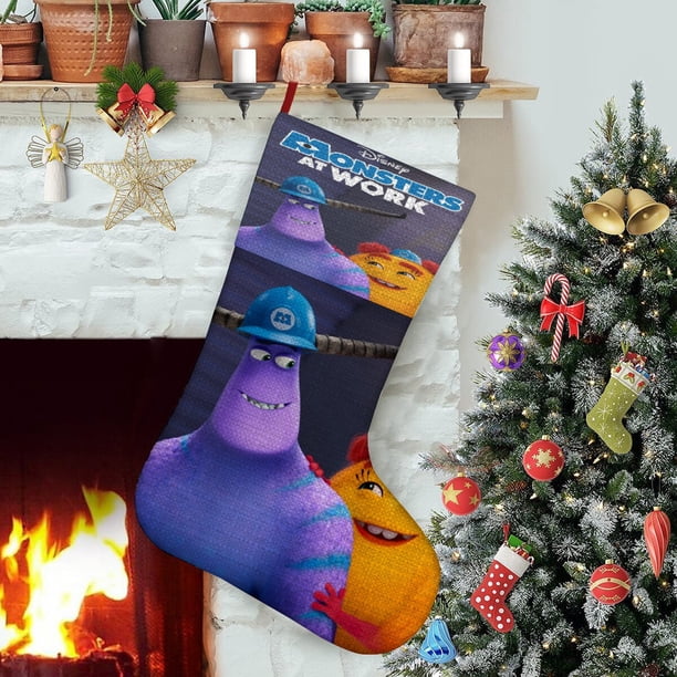 Monstruos en el Trabajo Tema: Calcetines de Navidad, fino lino blanco para colgar en escaleras y chimenea, decoración navideña para el hogar, regalo de Navidad. 45cm × 32cm