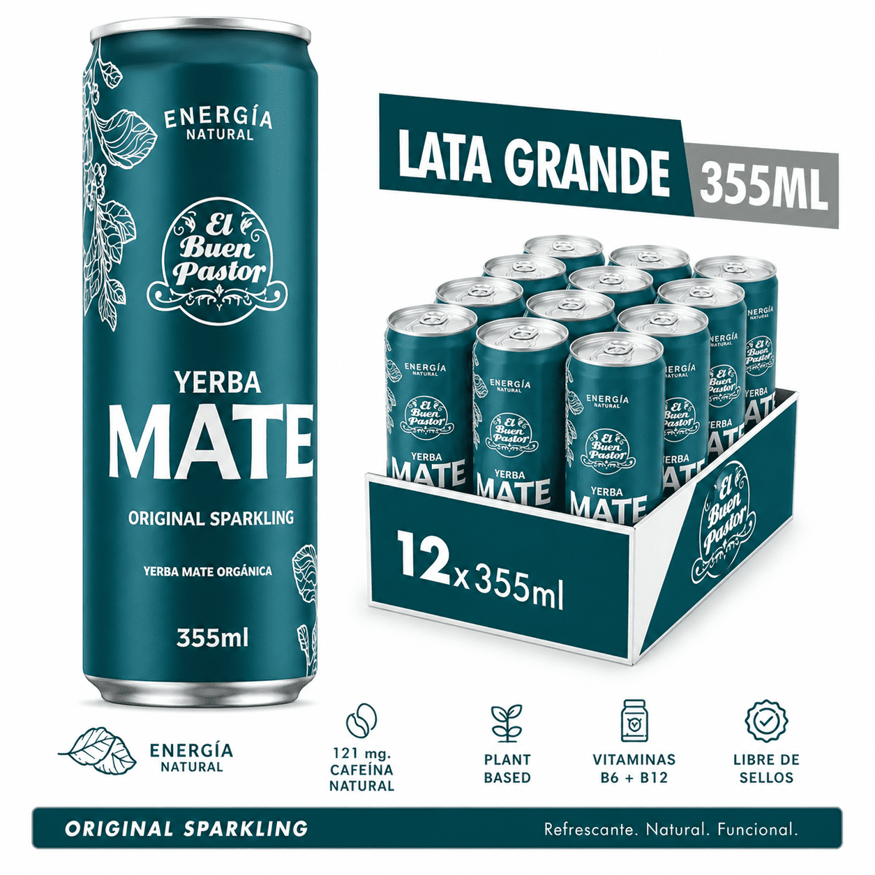 Pack X 12 Uni Bebida Yerba Mate Energizante Natural El Buen Pastor 355ml