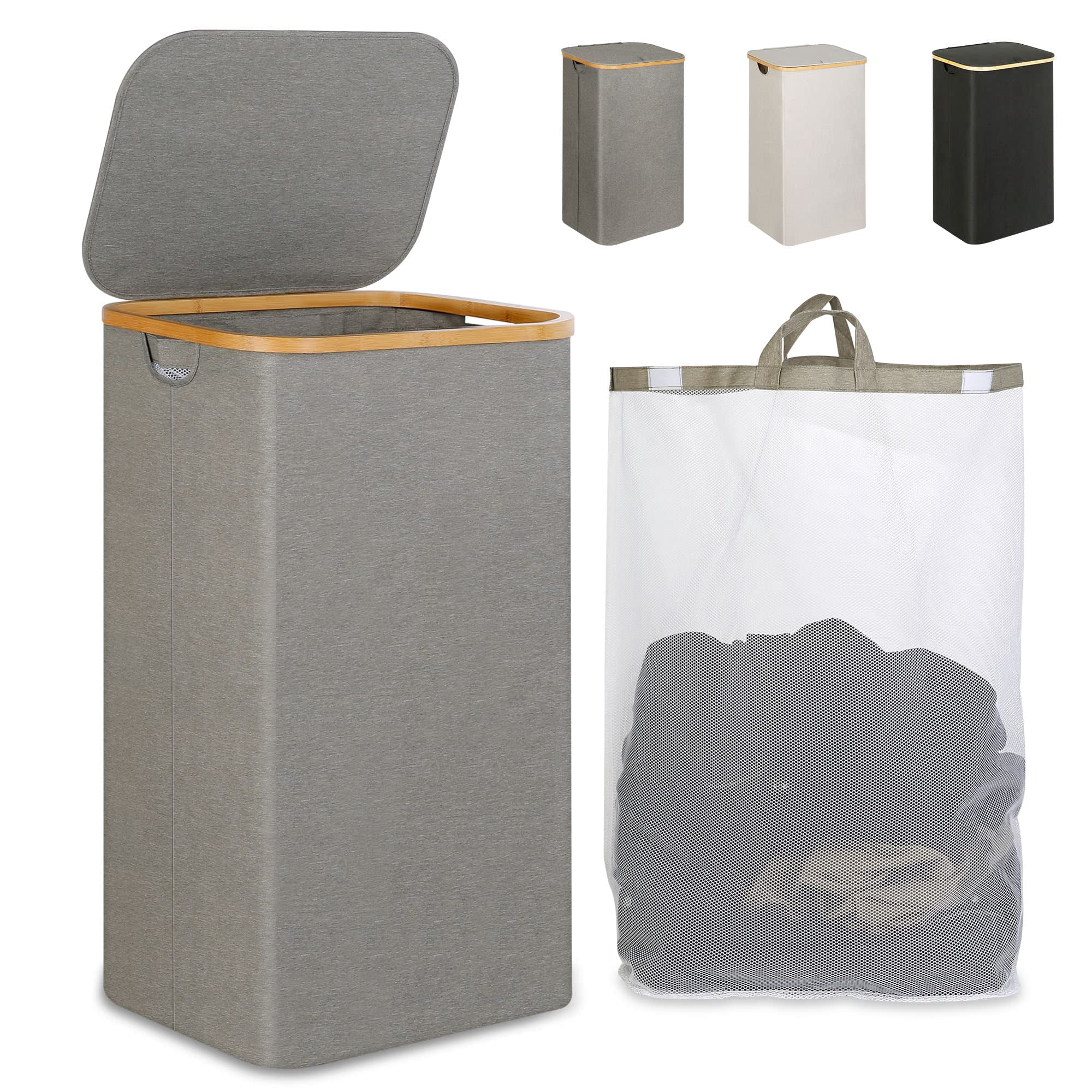 Cesta De Lavandería Iegrow 110 L Con Tapa, Asa Y Bolsa Extraíble, Color Gris