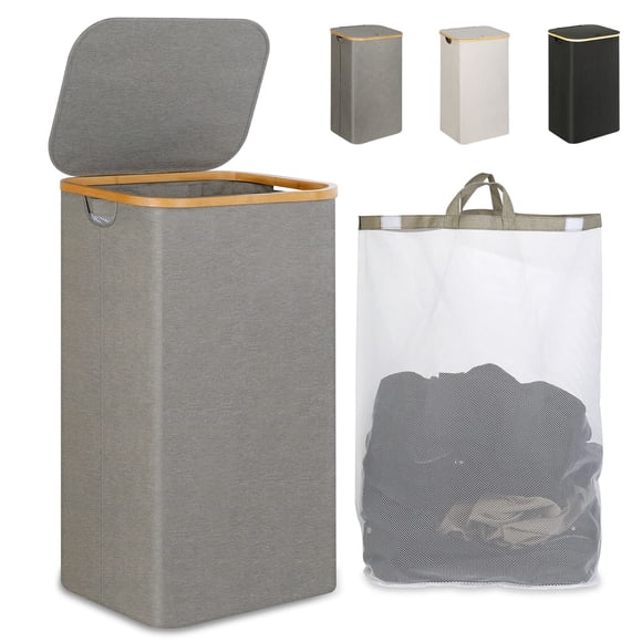 Cesta de lavandería ieGrow 110 L con tapa, asa y bolsa extraíble, color gris