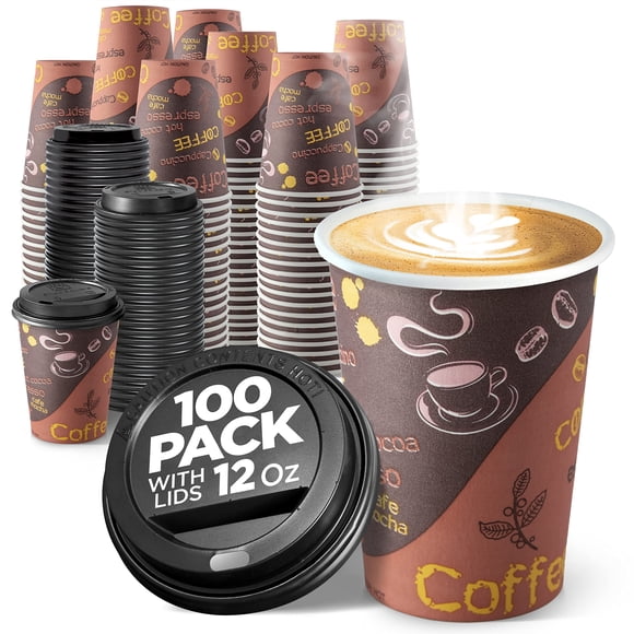 Vasos de café desechables Shop Square 350 ml (paquete de 100) con tapas