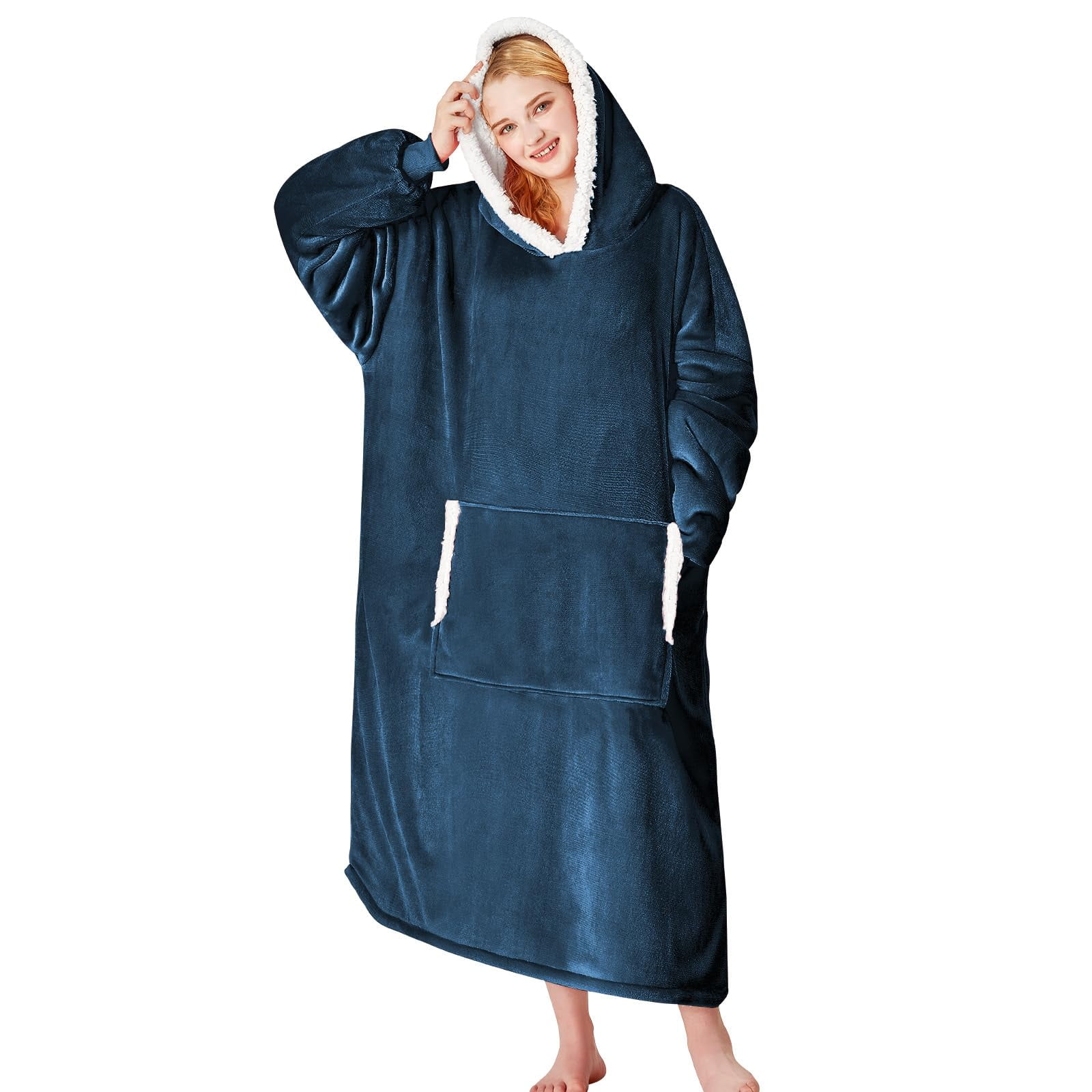 Manta Portátil Con Capucha Yescool, Franela, Forro Polar Sherpa, Azul Marino